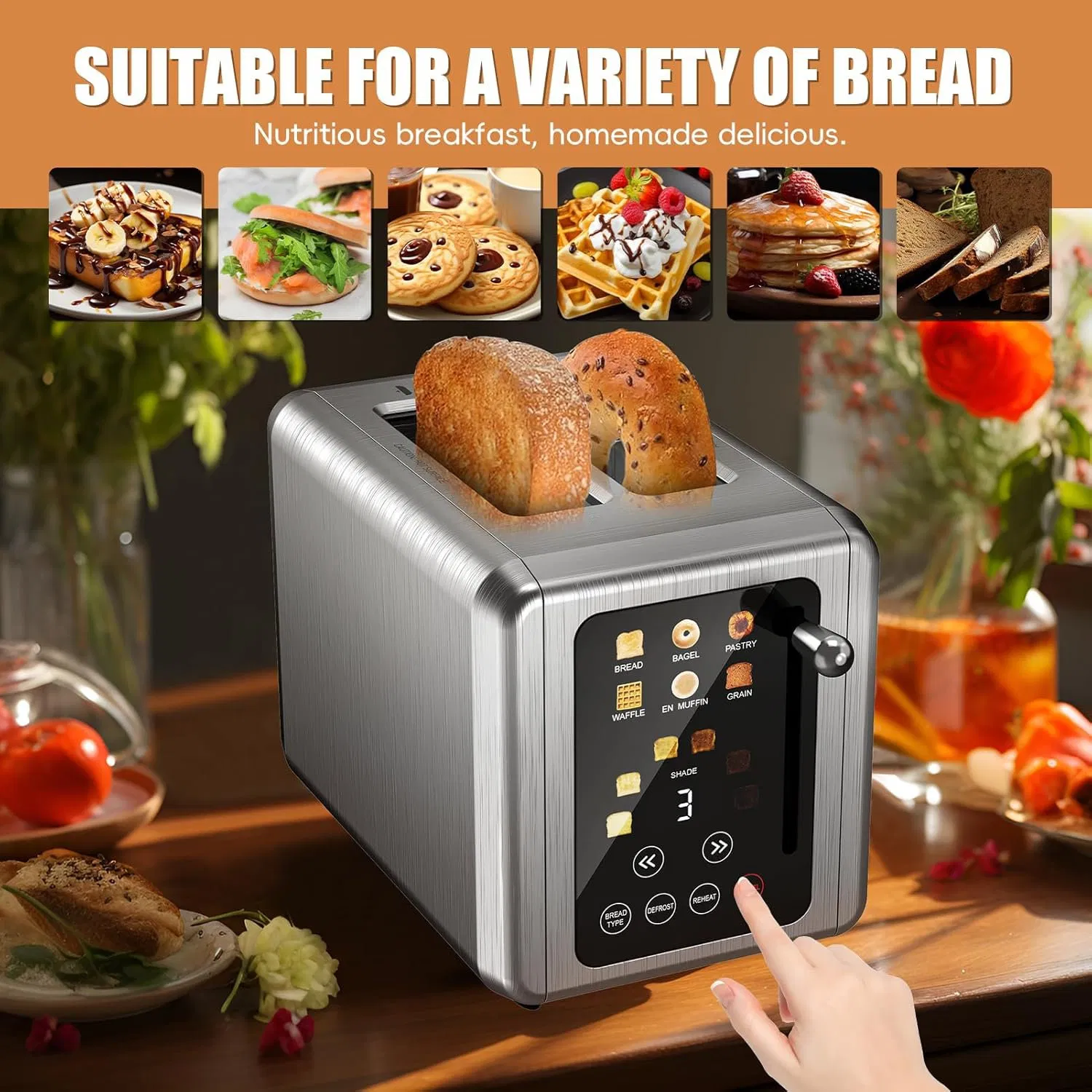 Commercial Quality 2-Slice Electric Pop-up Toaster with Digital Touch Screen Panel