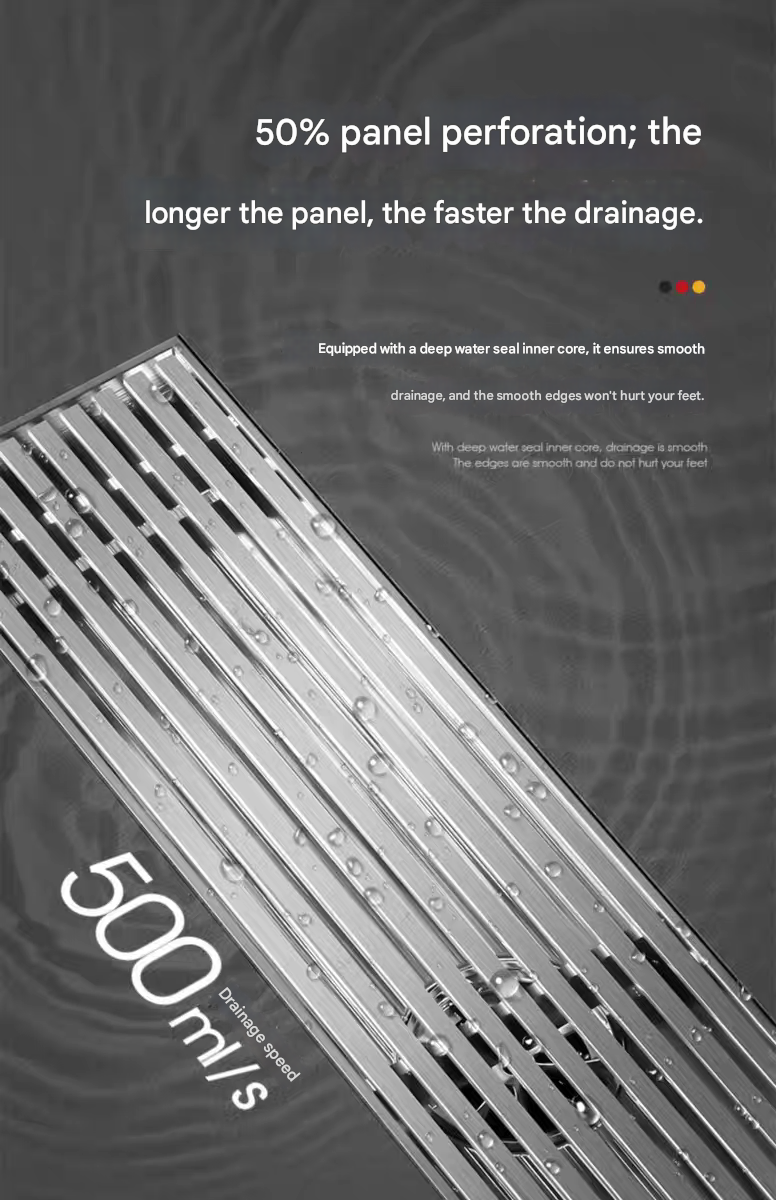 Linear Shower Drain with Water Guide Lines - Rectangular, Odor-Proof, Side/Bottom Drain, Stainless Steel Drain Channel for Bathroom Sink