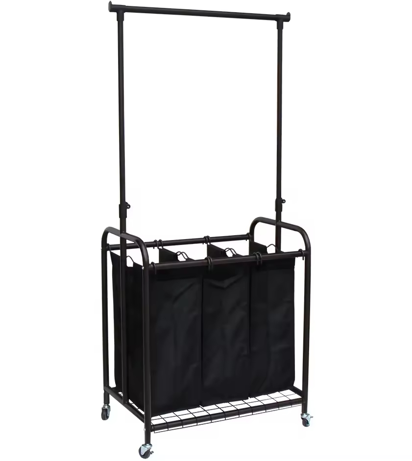 Portable Wheels Laundry Sorter with Steel Hanging Bar