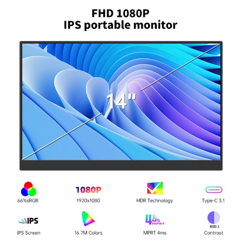 14-дюймовый портативный монитор FHD HDR Type-C/HDMI