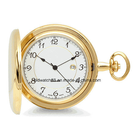 Custom Made Quality Japan Brass Engraved Gold Quartz Pocket Watch with Chain