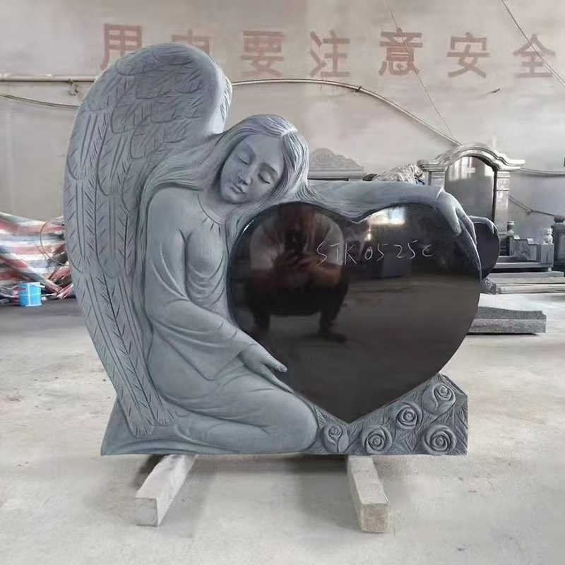 Hard Carved Shanxi Black Angel Heart Shaped Monument Upright Monument Headstone