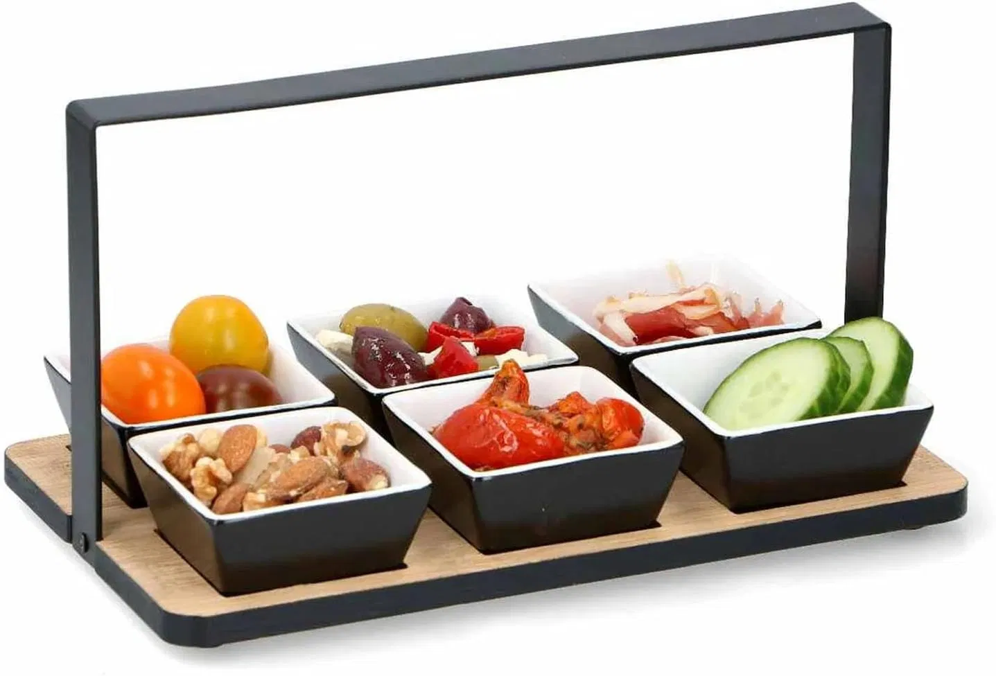 7 PCS Wooden Appetizer Serving Snacks Dips Platter Tray Set with Metal Holder Kids Olives, Nuts Dips, Snacks Serving Tray