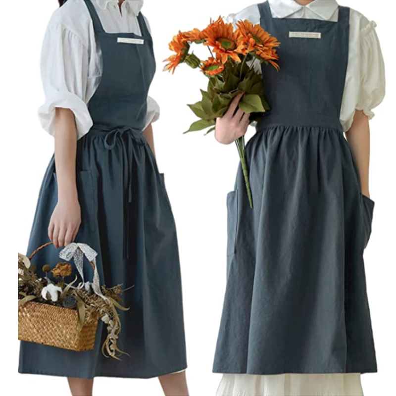 Waterproof Linen Apron for Women Pockets Cross Back Cute Apron Dress