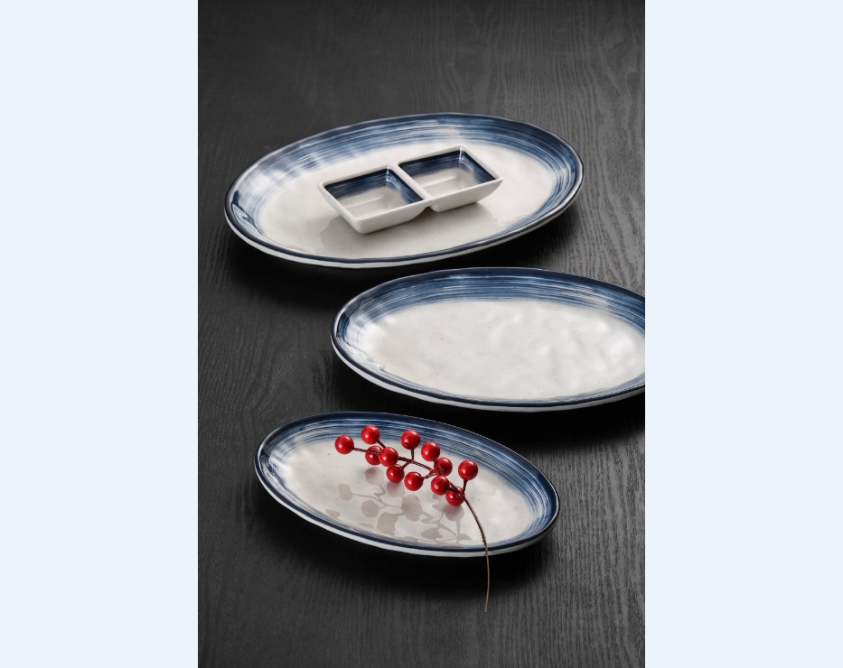 2023 New Design Blue Lines Design Melamine 2-Divided Soy Sauce Dish Plate