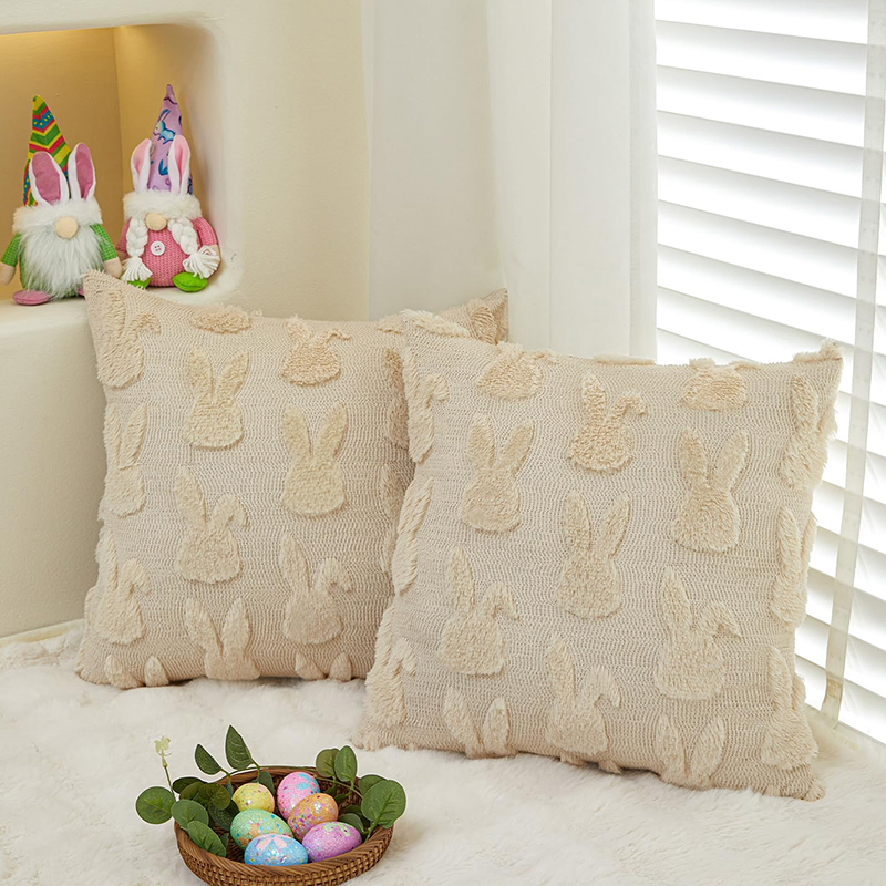 Beige Rabbit Plush Faux Fur Pillow for Sofa Bed Decor