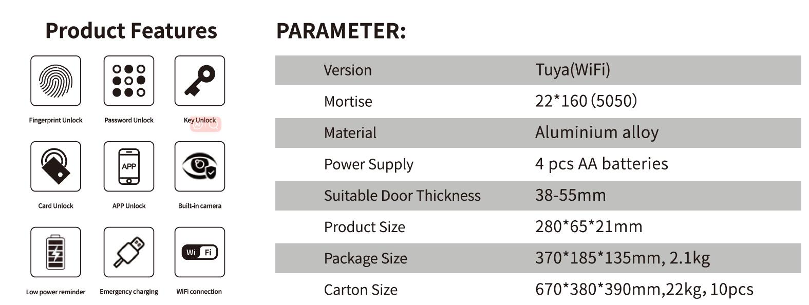 High Security Fingerprint/RFID Card/WiFi/Tuya/TT APP/ with Camera Intelligent Anti-Peep Digital Smart Door Lock (660P)