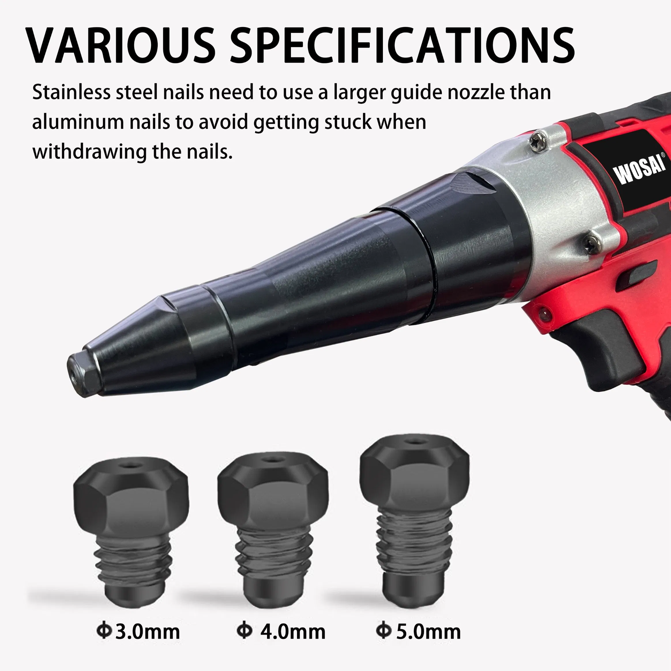 Wosai 2.4-5mm Portable Cordless Riveting Gun Brushless Lithium Electric Rivet Gun for Aluminum Stainless Steel Metal