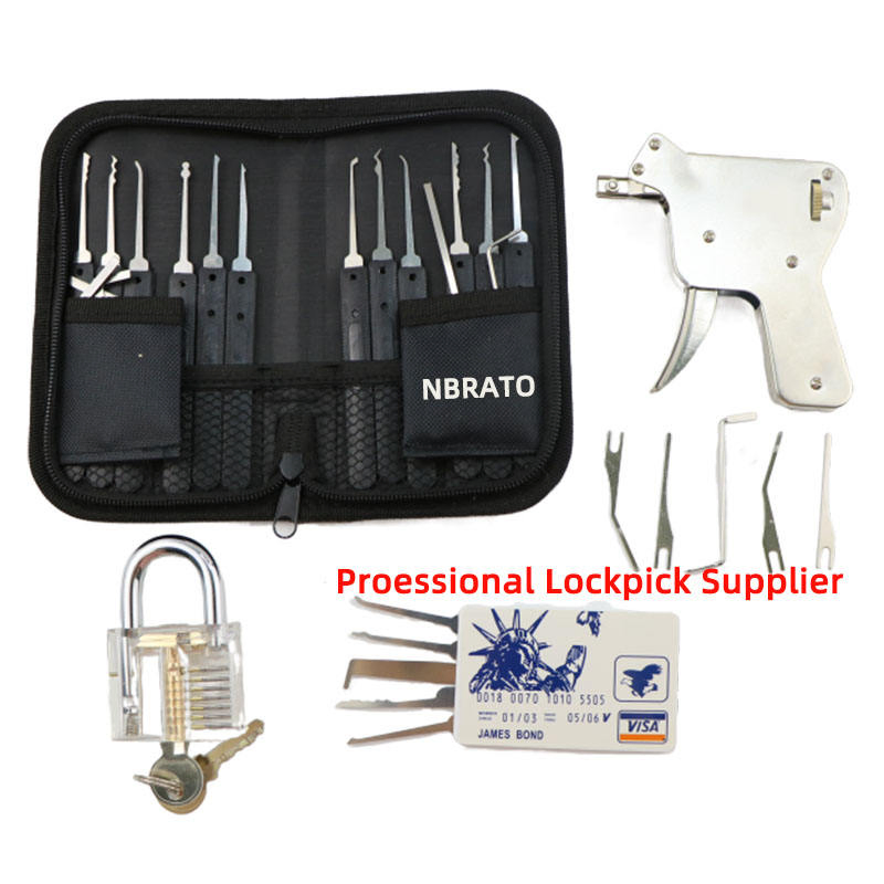 17 Pieces Lock Pick Set Professional Locksmith Tool with 1 Transparent Padlock and Gun Locksmith Card Locksmith