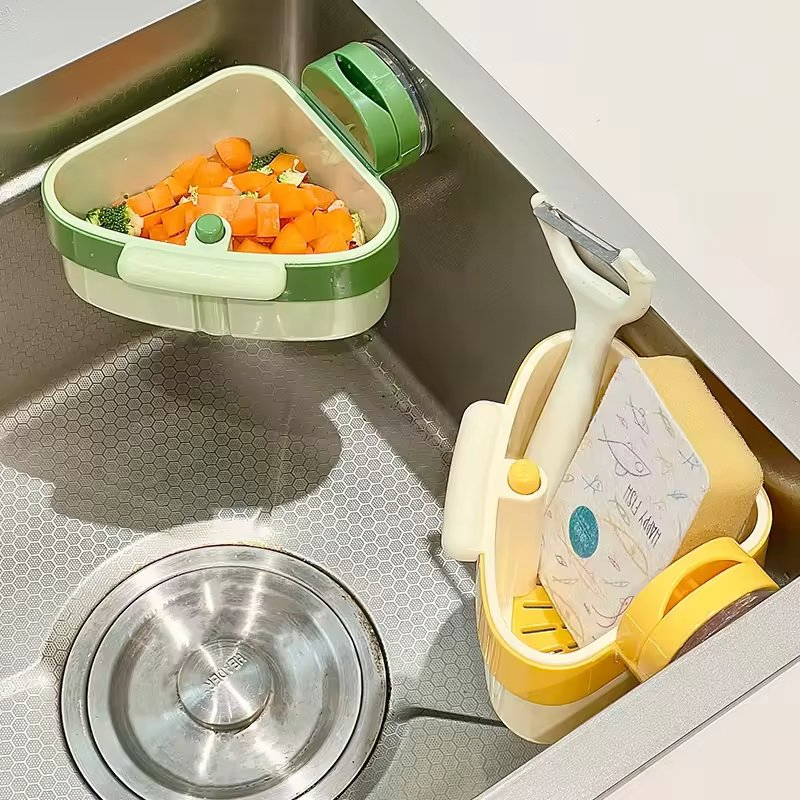Triangle Sink Suction Cup Storage Rack, ABS Drain Basket for Food Residue Filtration, One-Touch Press-Release Strainer for Kitchen Sinks