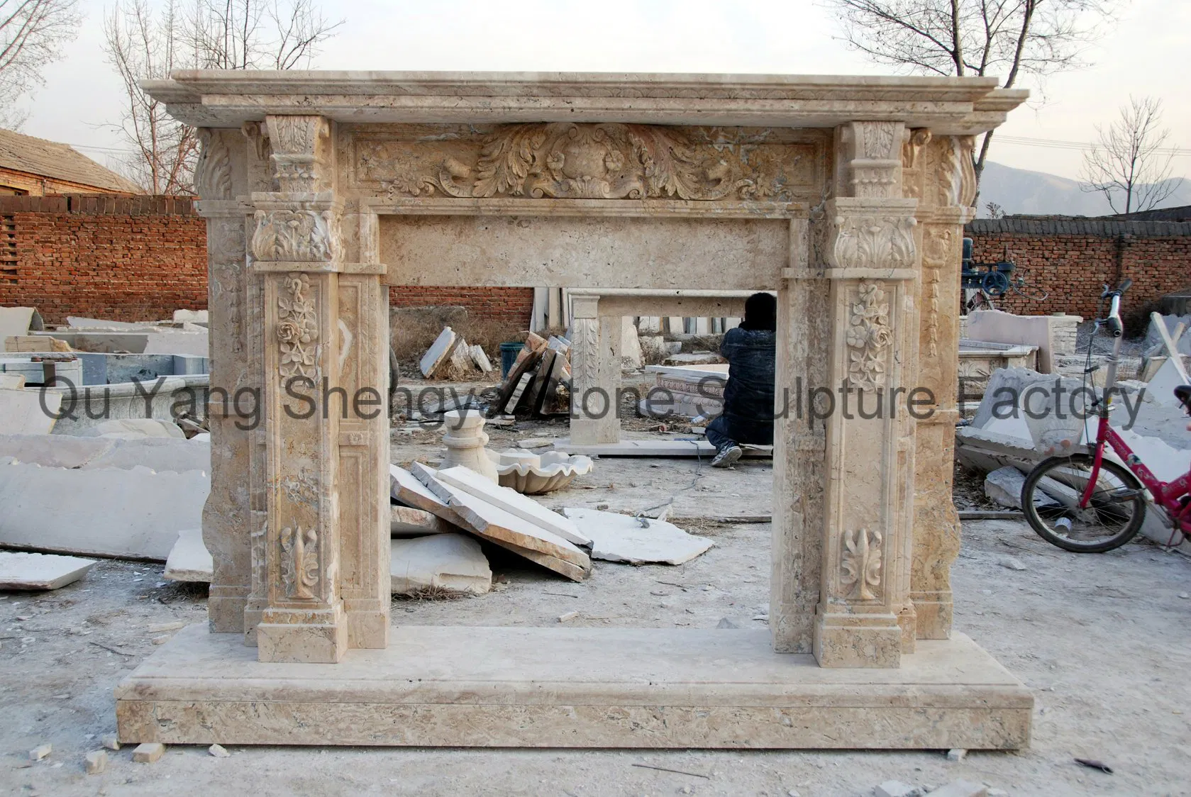 Home Indoor Use Antique Marble Fireplace Stone Mantel Beige Marble Fireplace Surround for Sale (Mfp-022)