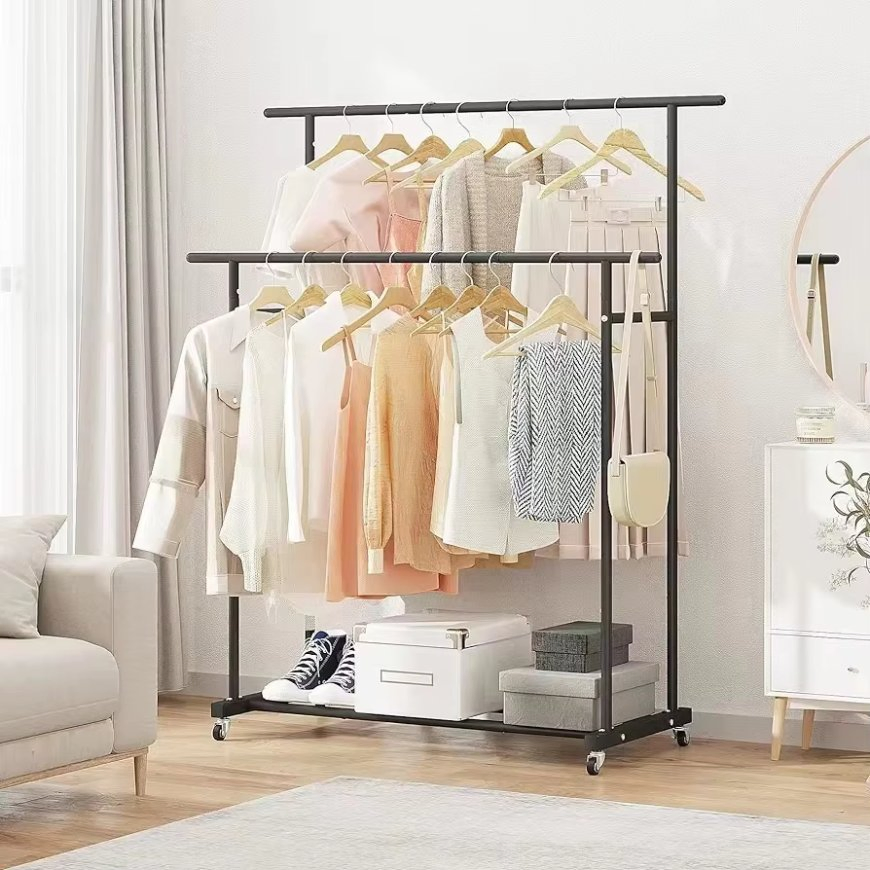 Multifunction Metal Garment Rack Wholesale Household Clothes Storage Hanging Rack Movable Single Rod Space Saving Clothes Rack