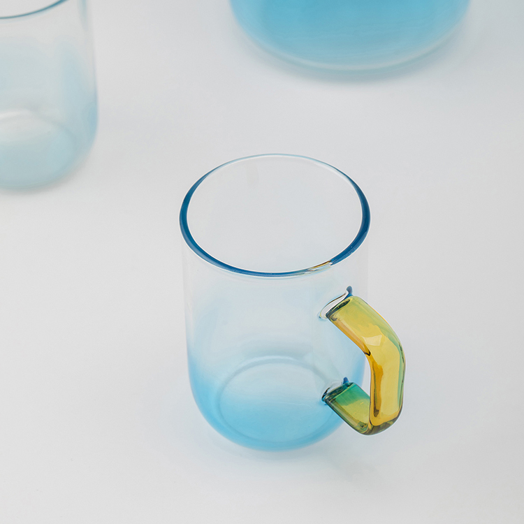 Grink Customized Good Quality Blue Gradient Color Glass Coffee Cup with Handle Carrying