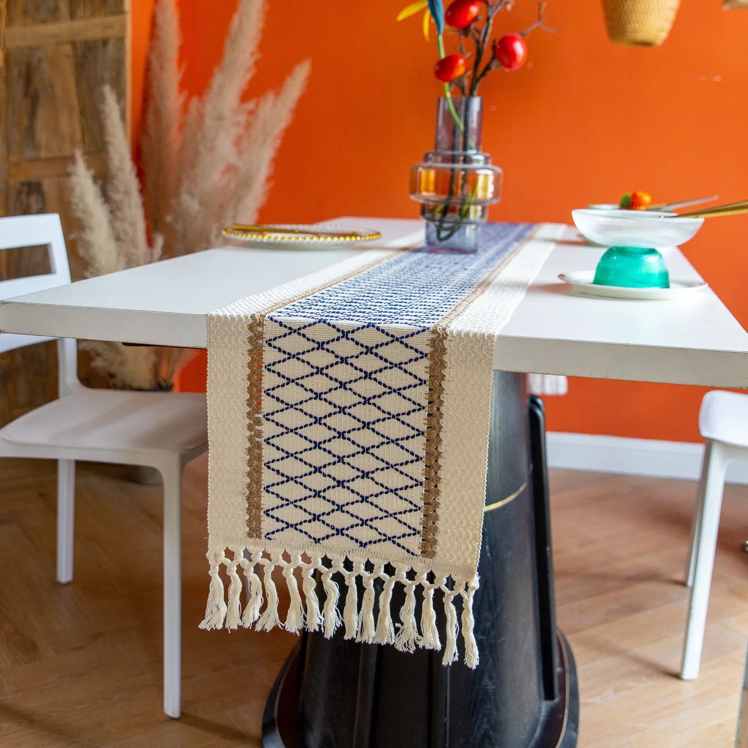 Xinlan Macrame Knotted Table Runner Cotton Linen Bohemian Decor with Fringe Tassels for Dining Tea Party Ethnic Chic