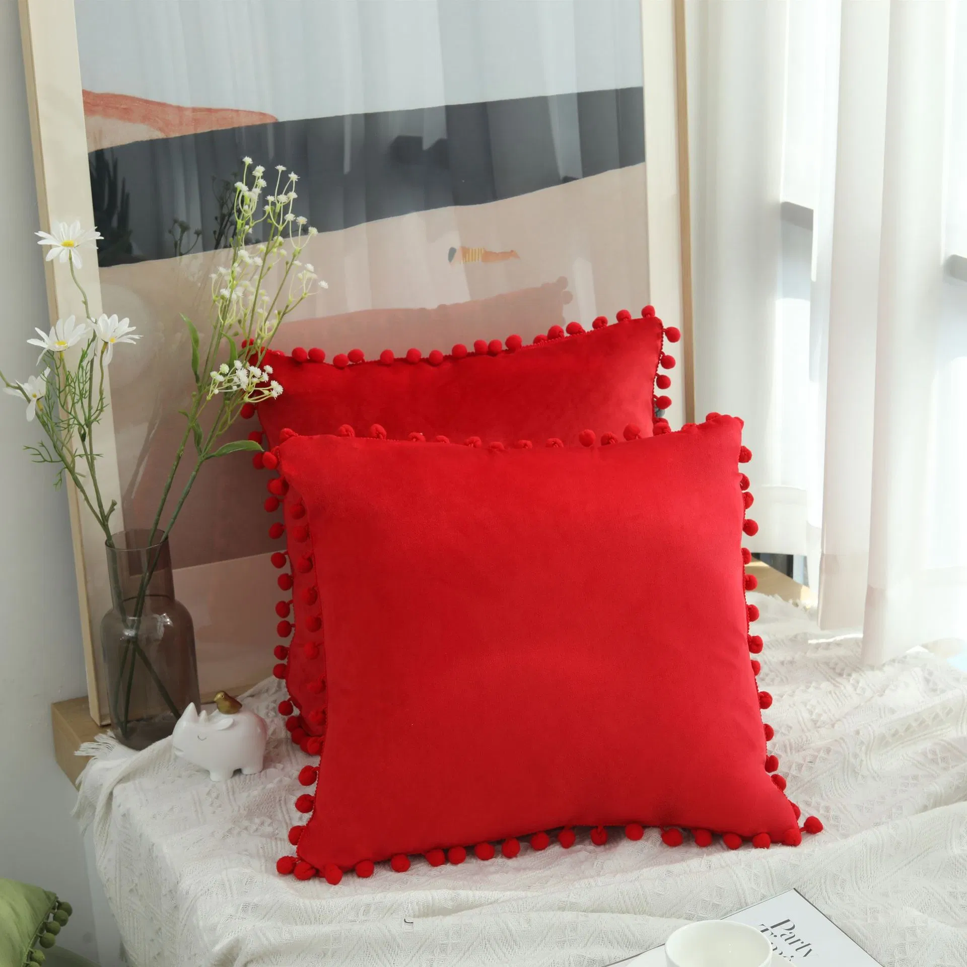 Throw Pillow Covers with POM POM 18X18, Decorative Pillow Cases Bed Sofa Couch