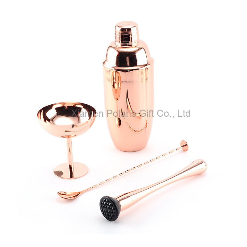 Custom 700m Bartender Kit with Goblet and Muddler Bar Set Rose Gold Stainless Steel Cocktail Shaker Set