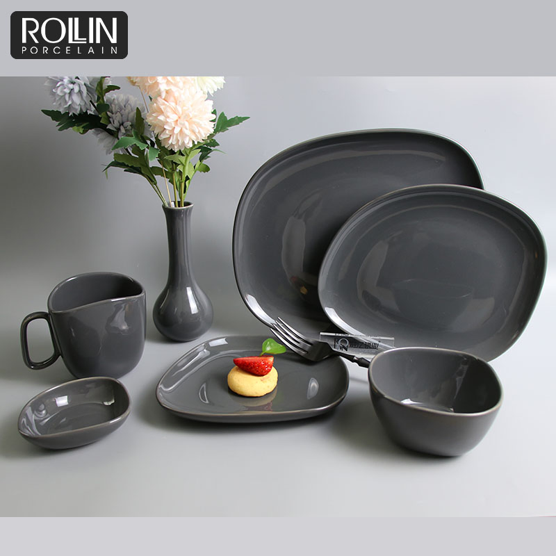 Hot Sale Dinner Set Irregular Plates Grey Tableware Decal Dinnerware Ceramic
