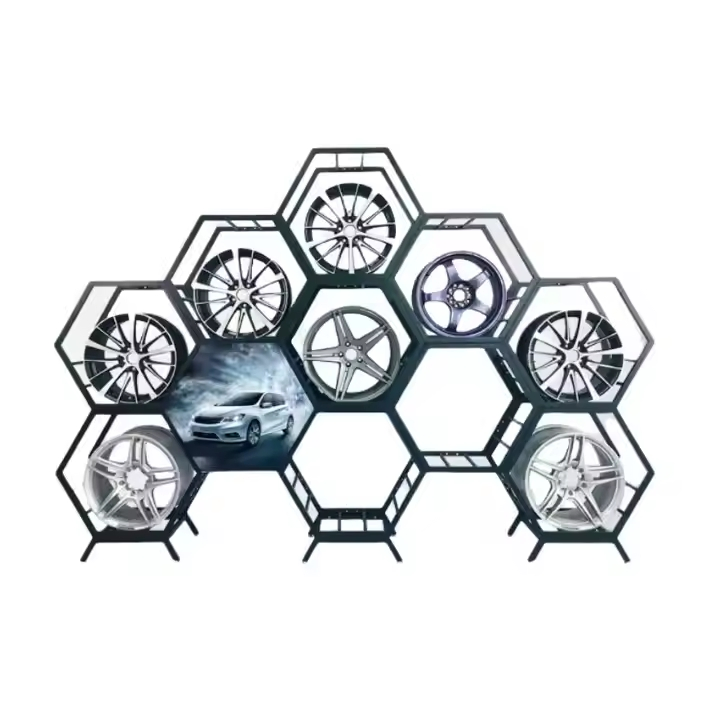 Specialty Customized 4s Shop Car Showroom Floor Standing Metal Hook Alloy Tire Stand Wheel Rim Display Rack