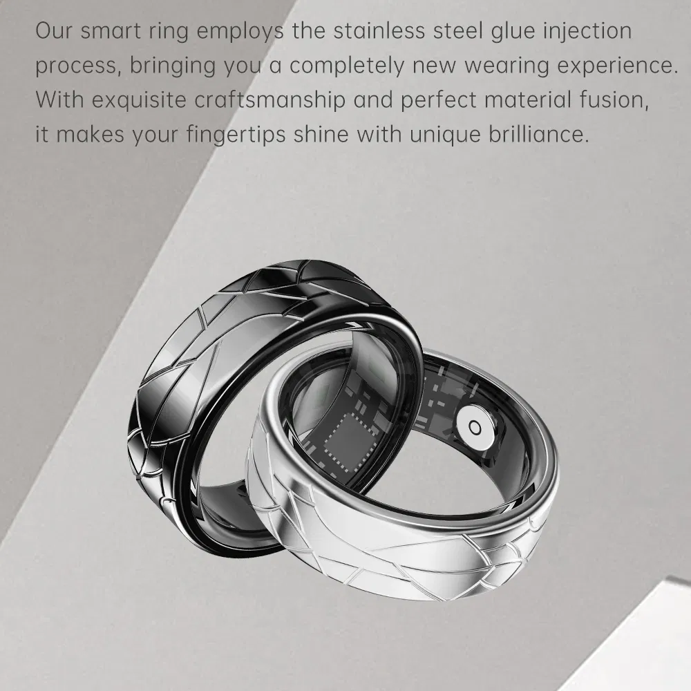 Px02 Crack Design Multi-Function Health Monitoring Smart Ring with Magnetic Charging Cable - Black / Size 7