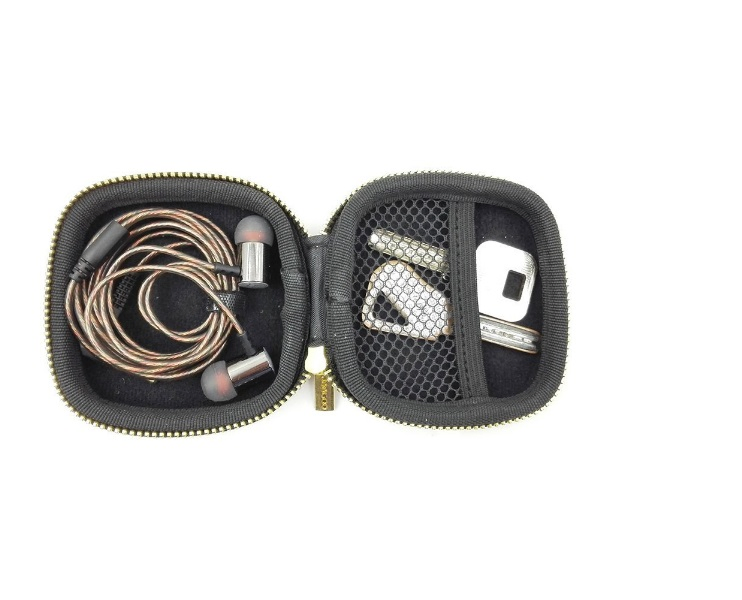 Brown PU Leather Square Waterproof Anti-Shock for Earphone EVA Storage Case with Gold Zipper