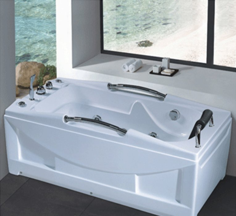 Modern White Bathroom Free Standing Acrylic Bathtub with Panel Pillow and Massage
