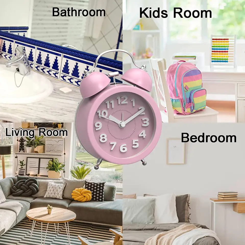 4 Inch Small Cute Mini Twin Bell 3D Number Kids Pink Alarm Clock for Bedrooms Miniature Desk Table Clocks