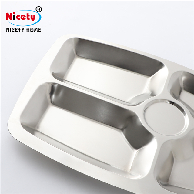 Tableware Divided Metal Food Lunch Tray Stainless Steel 5 Meal Compartments Dinner Plates