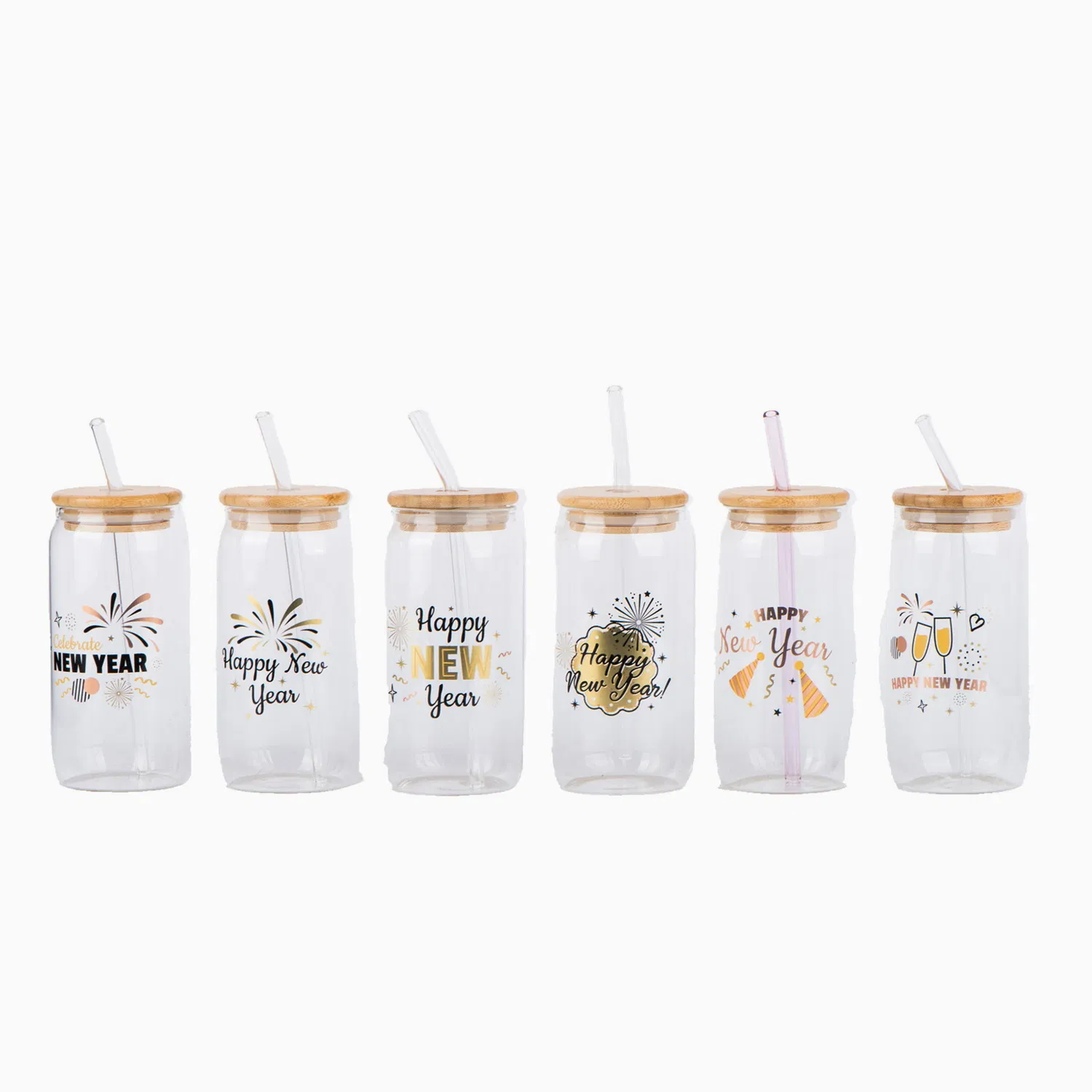 500ml Borosilicate Glass Cup with Glass Straw and Bamboo Lid Decal Printing