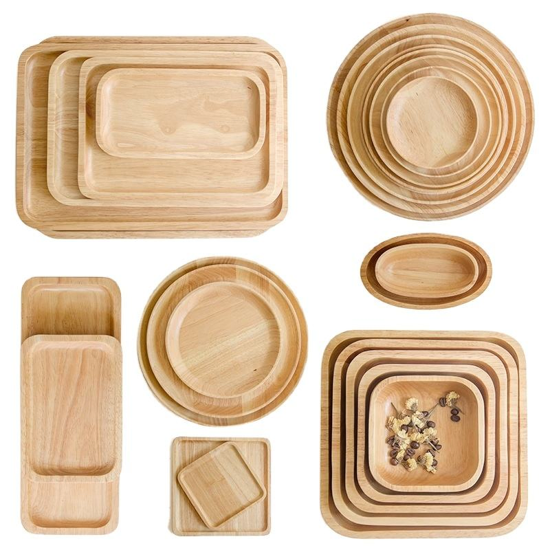 Eco-Friendly Food Tray Rubber Wood Square Plate Home Kitchen Different Sizes Natural Wooden Trayplates