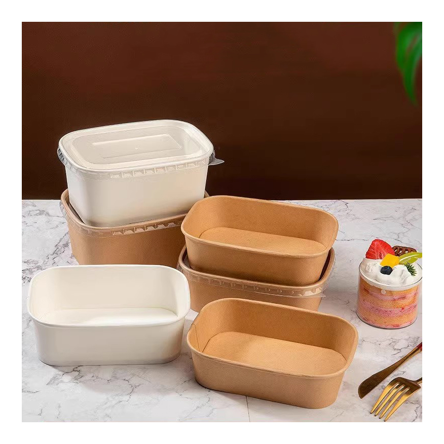 Custom Logo Printed Rectangle Food Packing Kraft Containers Square Round Food Grade Greaseproof Salad Fruit Dessert Sushi Takeaway Paper Bowl