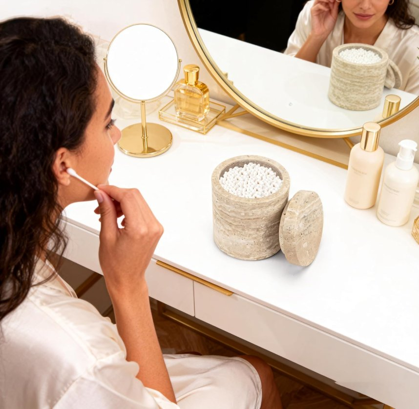 Natural Marble Canister Toothbrush Holder Cotton Swab Container with Lid
