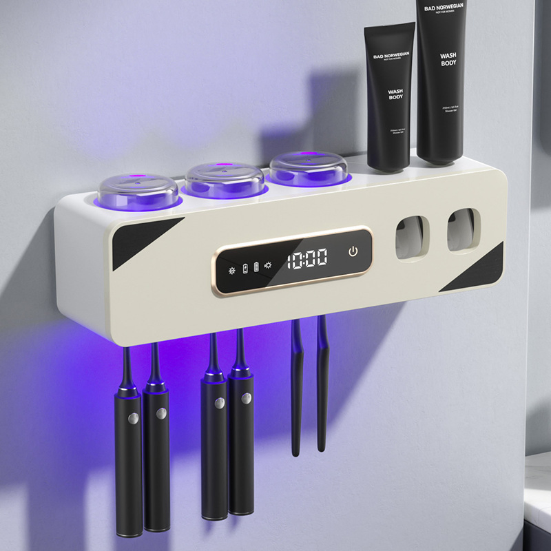 Rechargeable Bathrooms Smart Sterilizing Toothbrush Holder with Two Toothpaste Dispenser UV Sterilizer and Dryer
