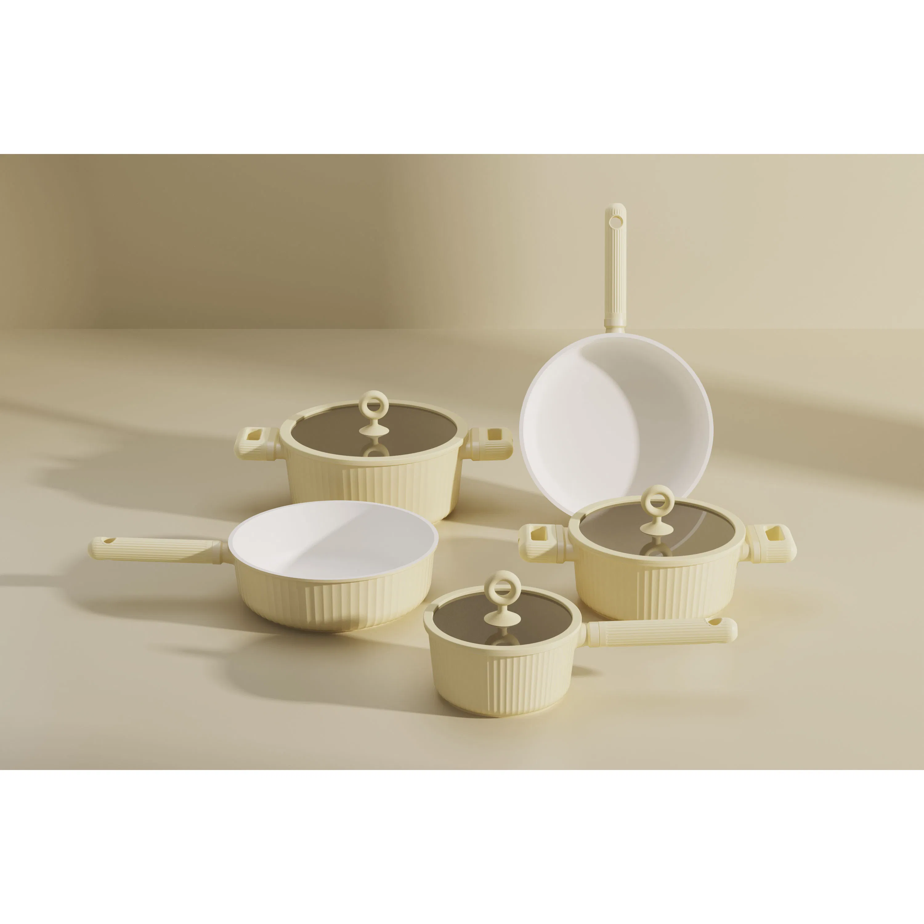 Light Yellow Modern Design Aluminium Cookware Set New Home Use Silicone Healthy