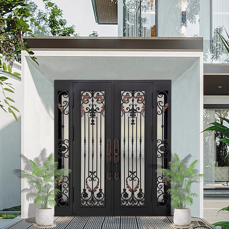 Golden Color Glass Steel Door with Pillar Residential Customized Design Steel Glass Transom Wrought Iron Doors