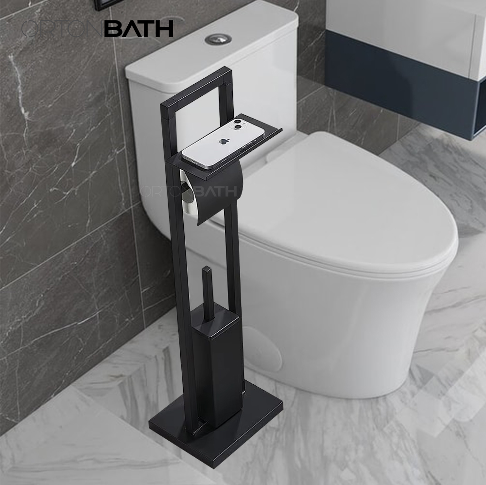 Ortonbath Free Standing Toilet Paper Holder Bathroom Roll Paper Holder with Phone Shelf Toilet Brush Easy Assembly with Black Color