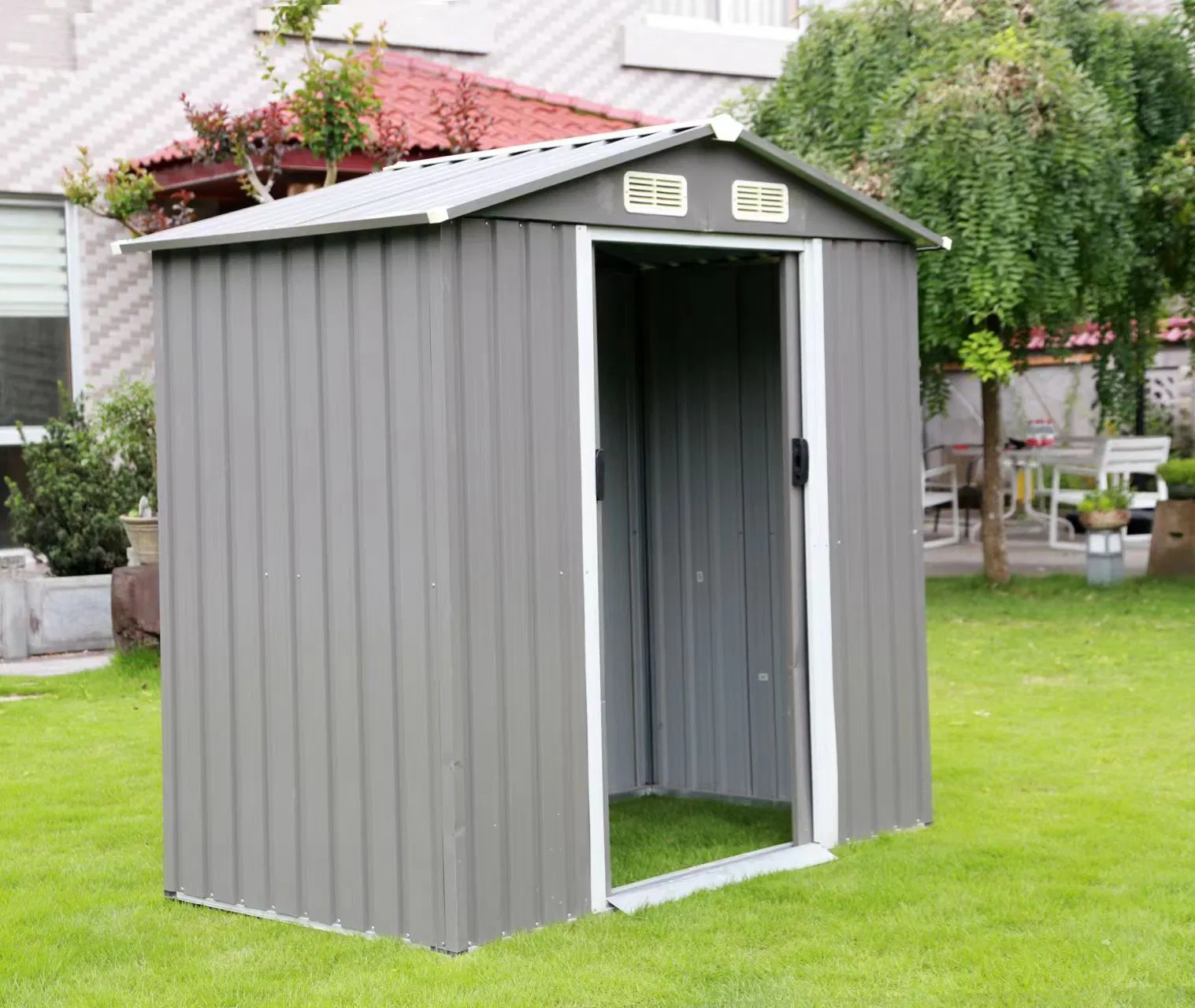 5X3FT Outdoor Metal Shed with Sliding Doors Steel Garden Storage for Tools, Lawn Mower, Bikes