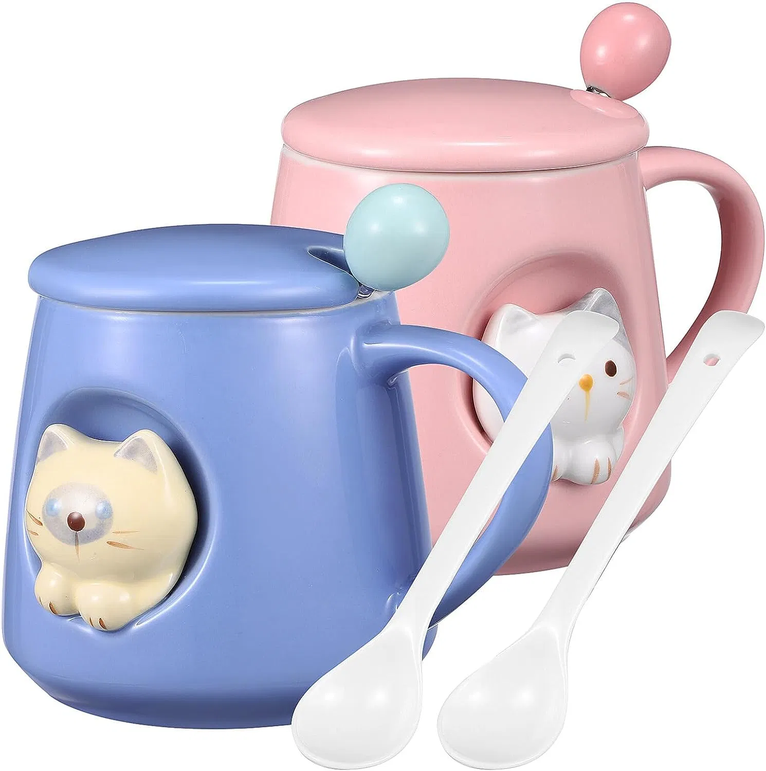 Cute Ceramic 3D Cat Pattern Coffee Mug Tea Cup with Lid and Matching Spoon