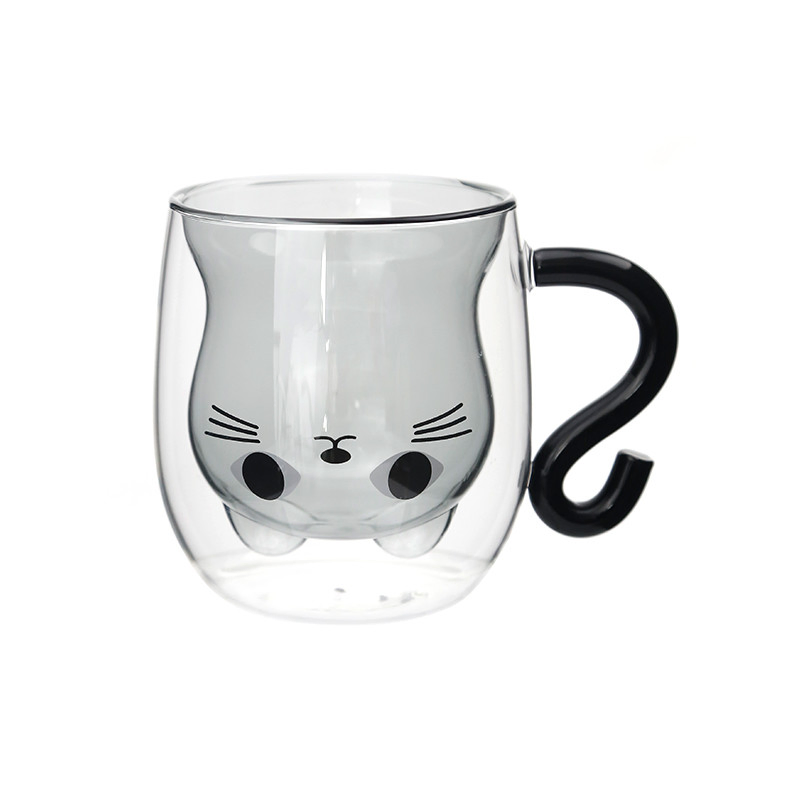Cat Double Cute Borosilicate Glass Grey Inner Wall Drinking Cup with Color Handle