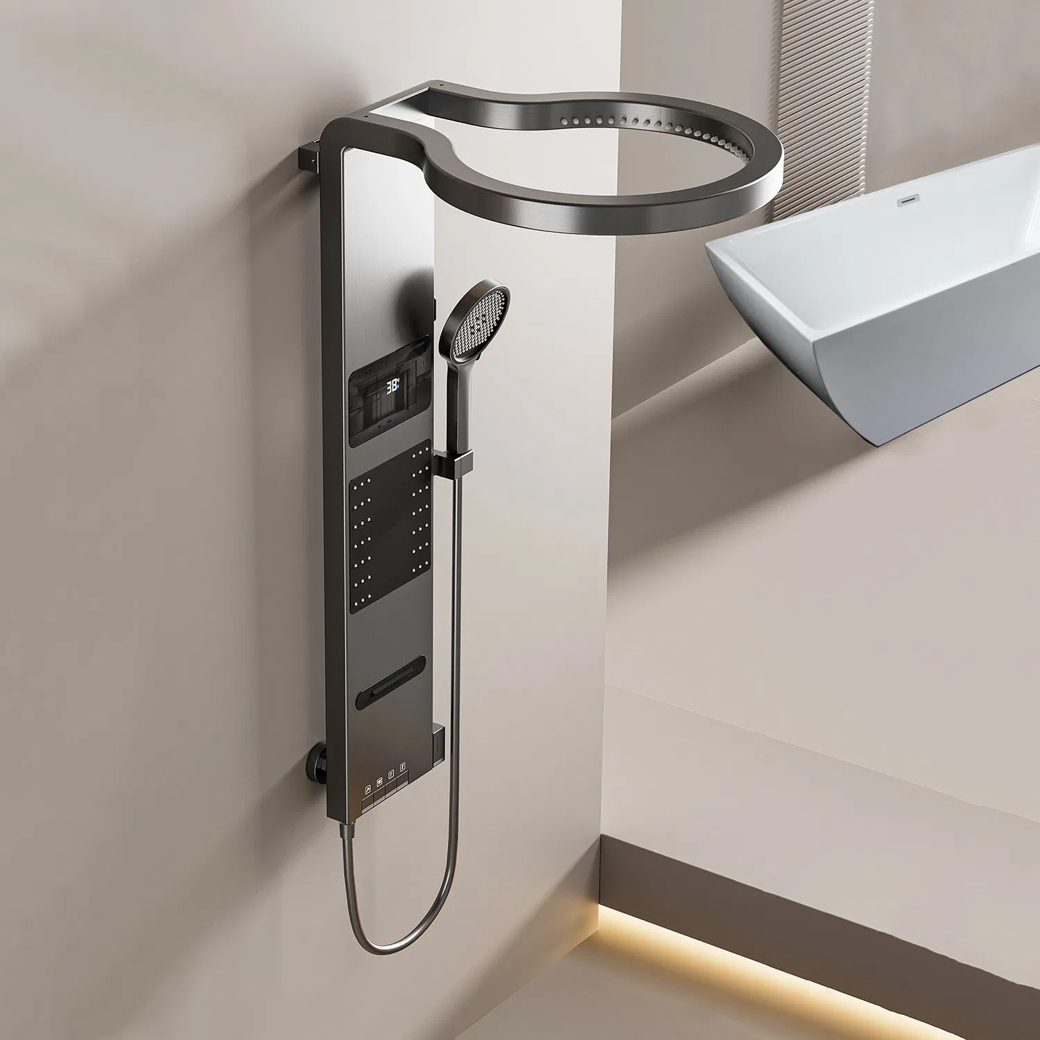 Premium Grey Aluminum Shower Tower - Wall Mounted Rainfall System with LED & Waterfall Jets