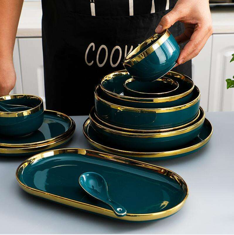 Nordic Light Luxury Golden Border Ceramic Dishes Dishes Tableware High Grade Grandmother Green Household Dishes Steak Plate