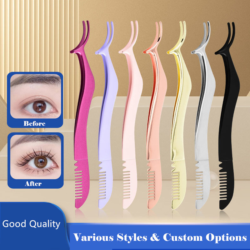 Pterosaur Durable Stainless Steel Curved Lash Eyelash Extension Application Tweezer with Comb