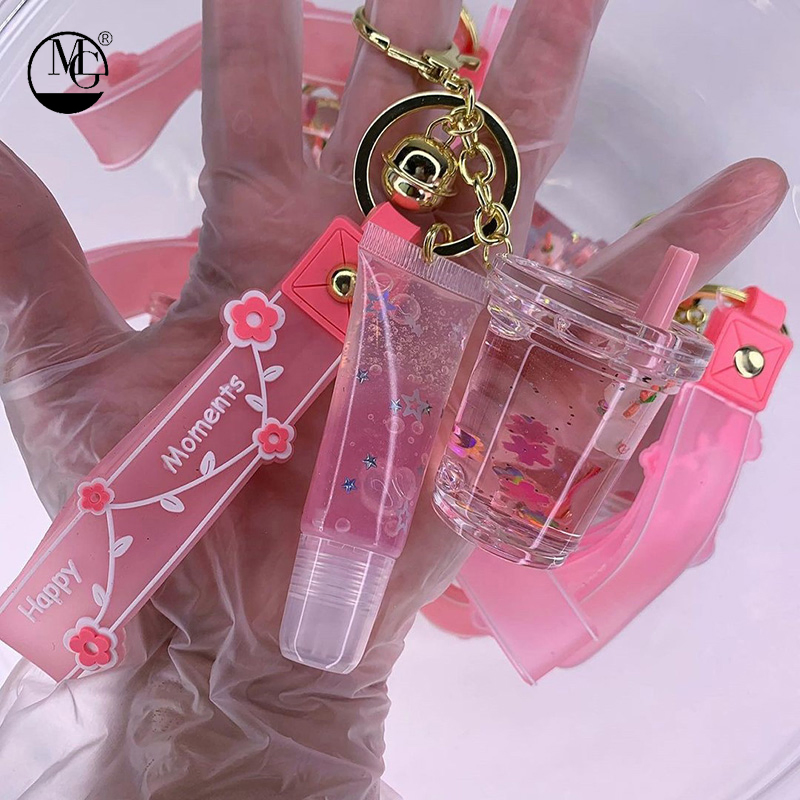 Mini Cute Milk Tea Bottle Lip Gloss with Keychain Moisturizing Lip Gloss Oil