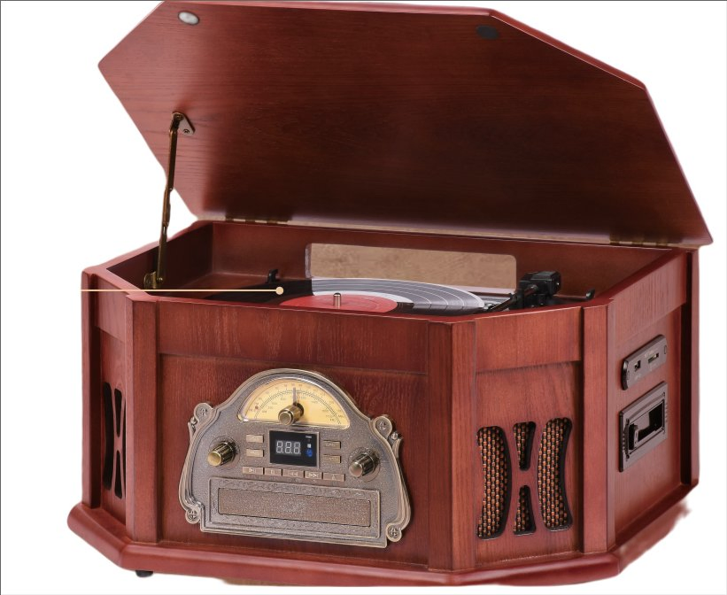 Classic Wooden Turntable with Bluetooth, CD Player & Radio