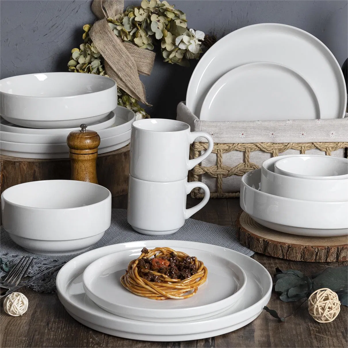 Contemporary White Stackable Porcelain Dinnerware Collection for Modern Homes