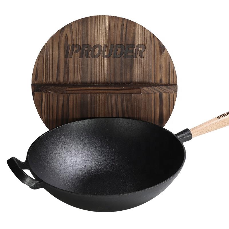 Чугунная сковорода вок 31 см с деревянной ручкой