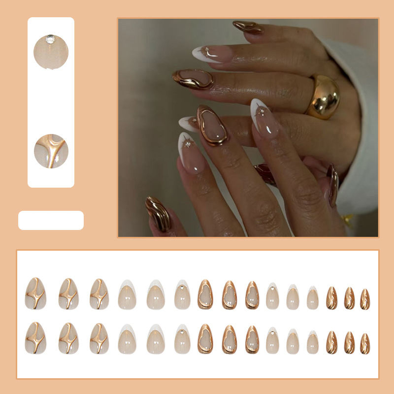 Nude Almond Press on Nails with Gold Metallic & Rhinestone Accents