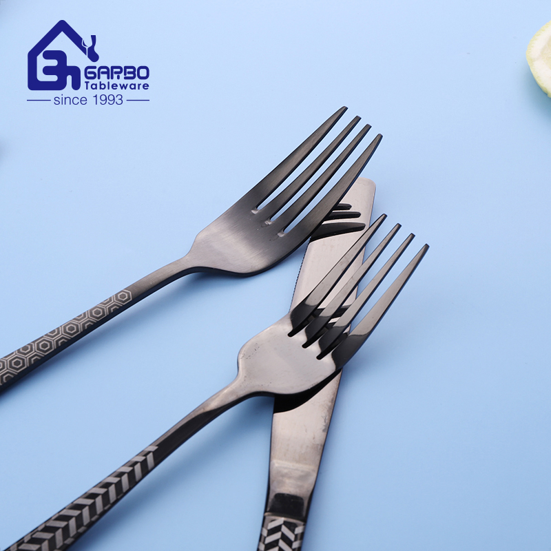 High-End Black Polished Stainless Steel Cutlery Set Flatware Fork Spoon Knife with Customized Laser Handle for Party Hotel