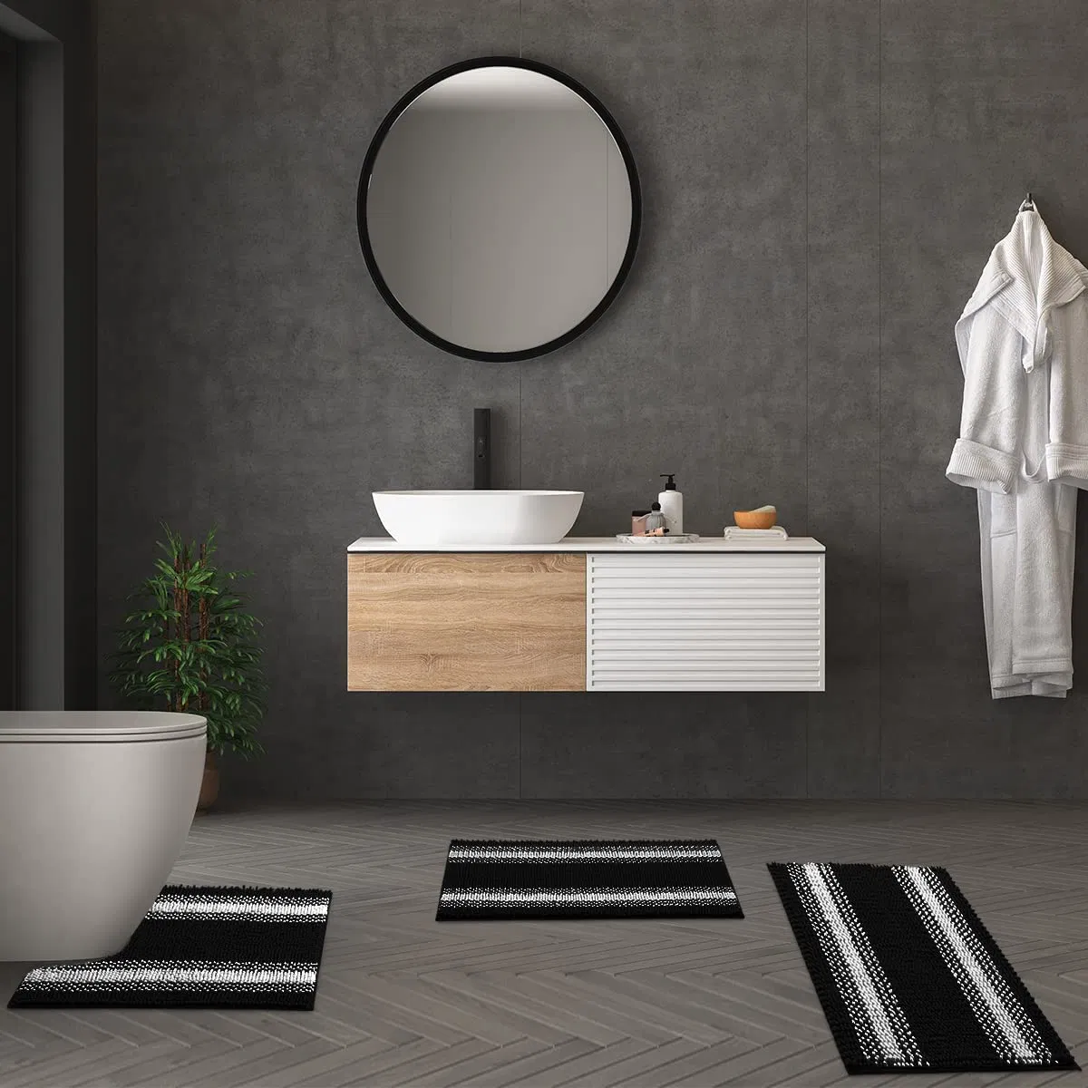 Striped Bathroom Rugs and Mats, Chenille Bathroom Rug Set Non Slip, Soft Shaggy Bath Mats