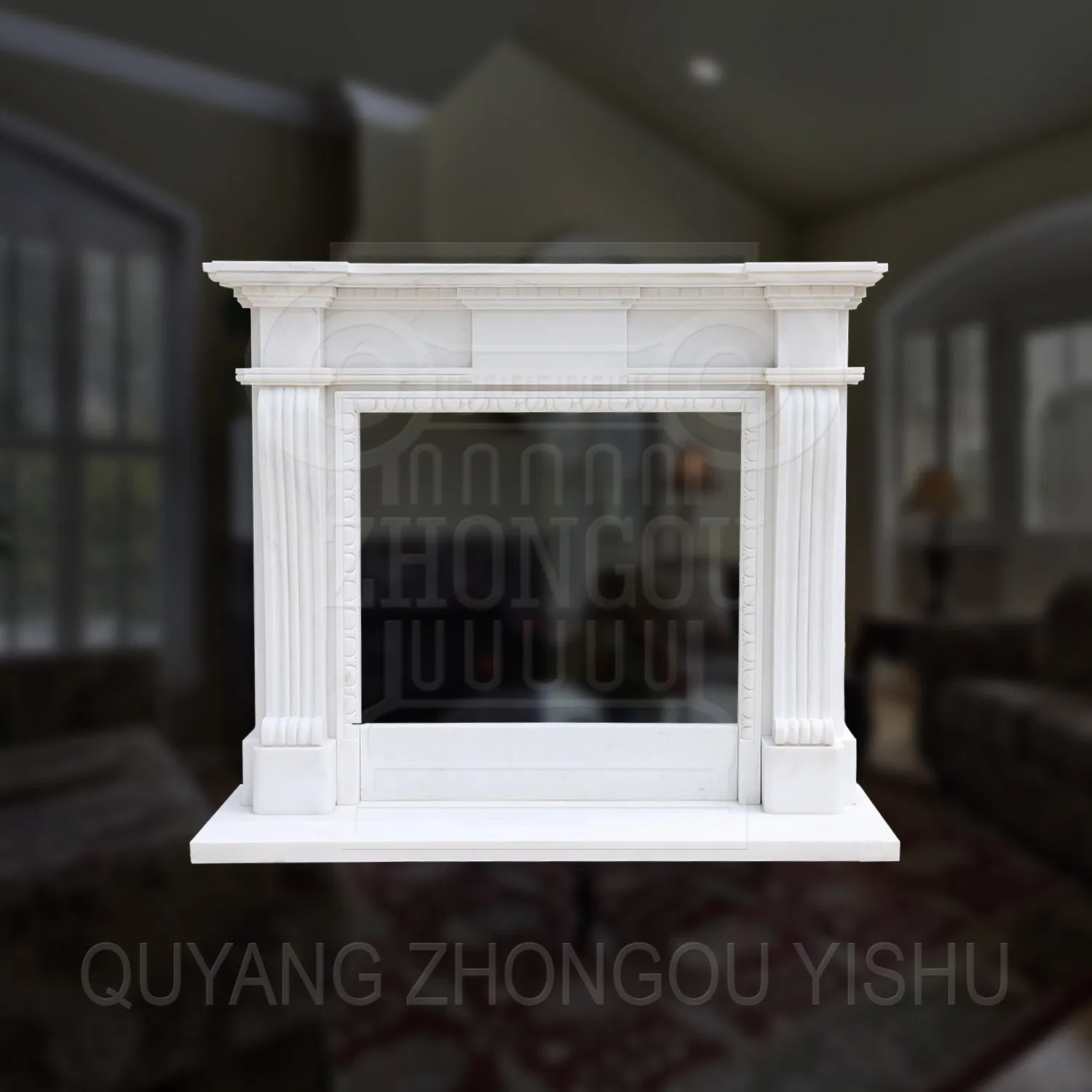 Majestic Dark Marble Fireplace Surround with Lion Sculpture