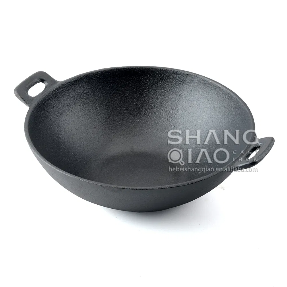 Basic Cast Iron Wok Pan Stir Fry Pans with Double Loop Handles and Flat Bottom Chinese Traditional Woks Frying Pan